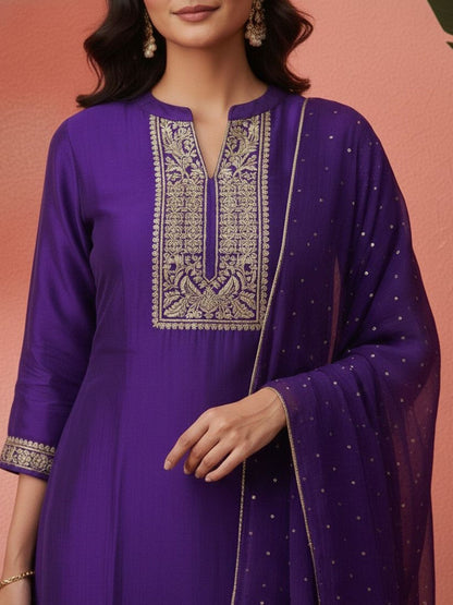 Embroidered Mandarin Collar Kurta & Trousers with Dupatta
