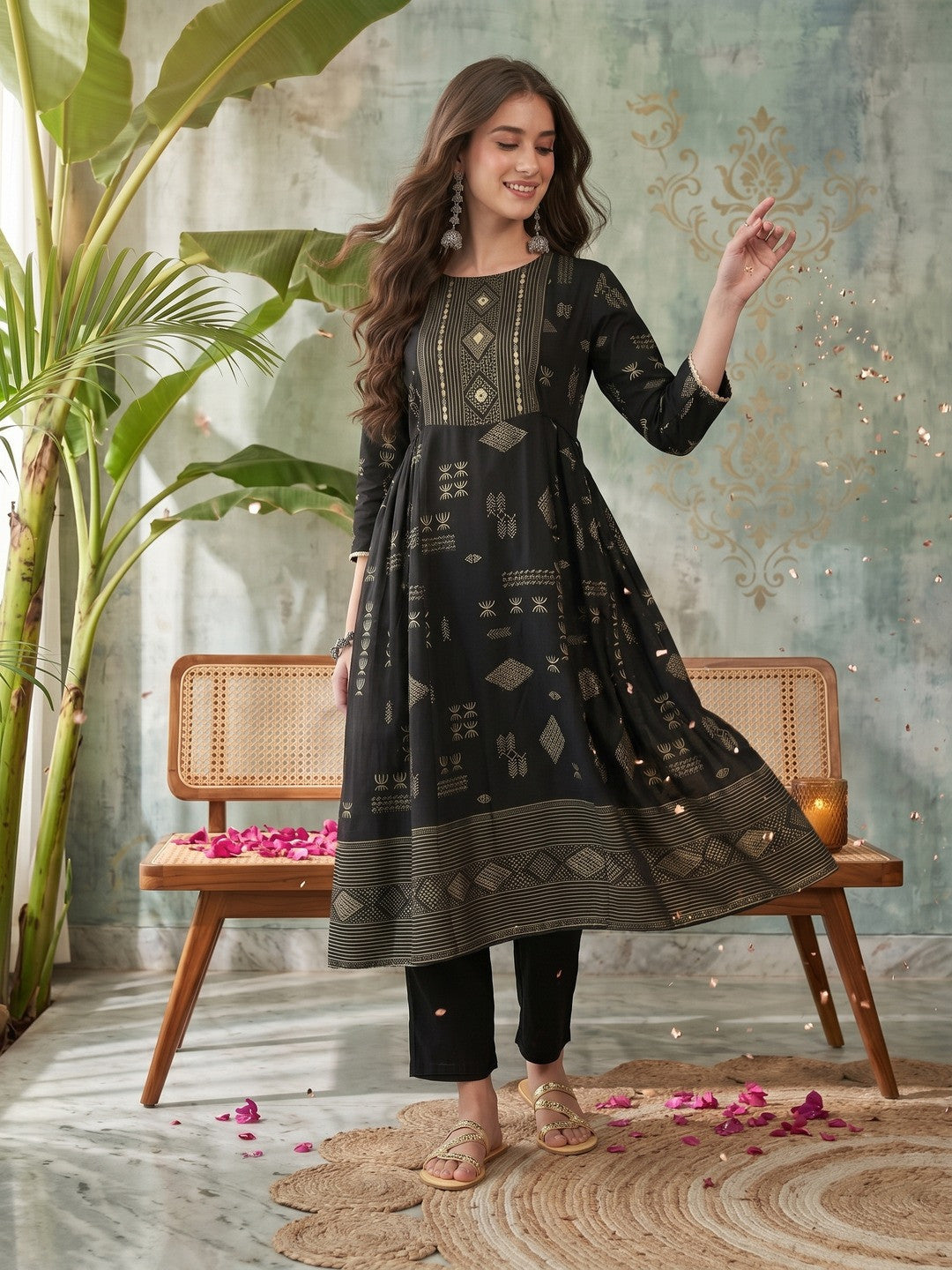 Dhiyona SN Gotta Patti Tribal Printed Tie Up Detail Yoke Kurta with Trousers