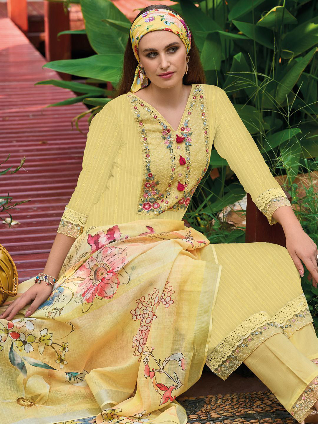 Yellow Floral Embroidered Thread Work Pure Cotton Kurta with Trouser & Dupatta