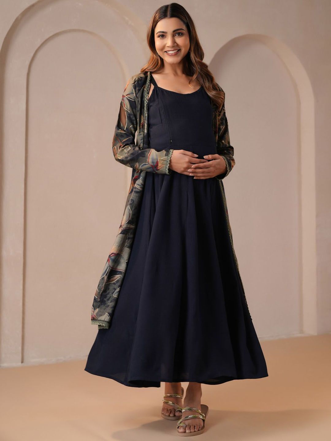 Dhiyona AY Women's Shoulder Strap Neck Maternity Ethnic Dresses With Cape Jacket