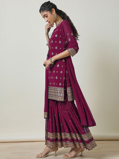 Dhiyona SO Women's Floral Embroidered Georgette Straight Kurti With Sharara & Dupatta
