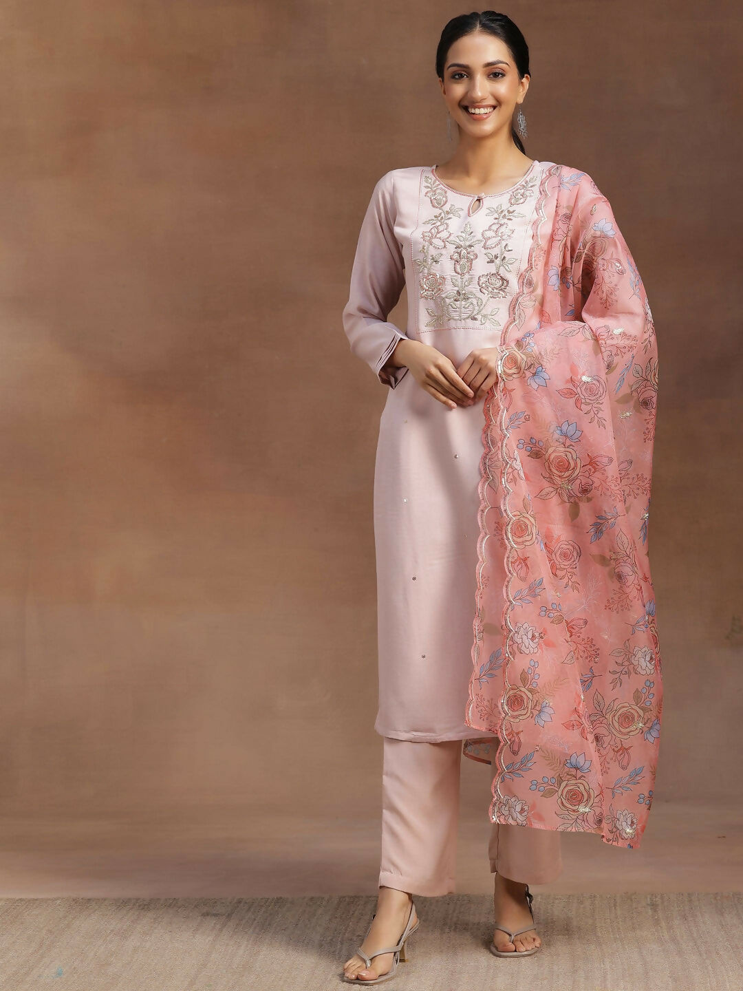 Women's LB Peach Yoke Design Silk Blend Straight Suit With Dupatta