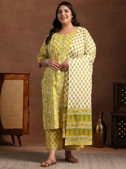 Women's LB Plus Size Yellow Printed Cotton Straight Suit With Dupatta