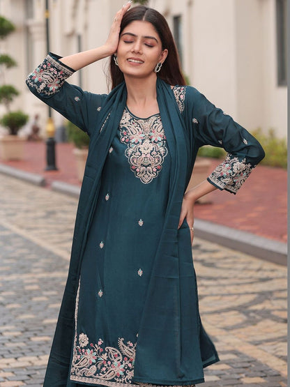 Dhiyona CH Women Ethnic Motifs Embroidered Regular Thread Work Kurta with Palazzos & With Dupatta