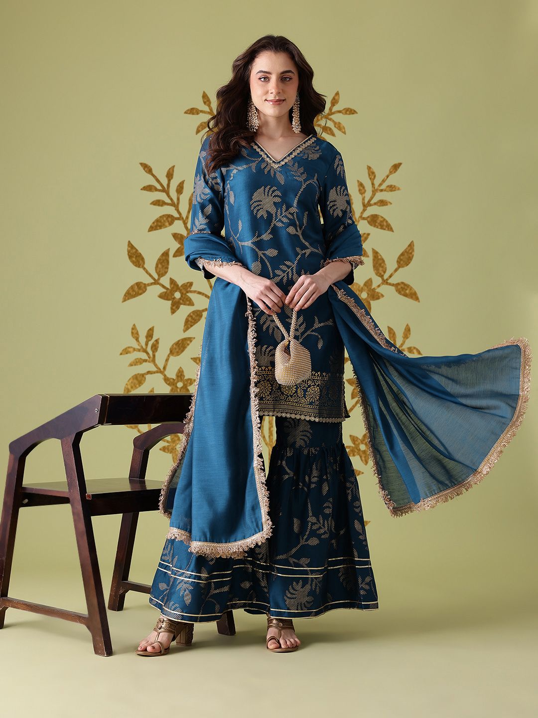 Dhiyona AN Floral Self Design Zari Detail Gotta Patti Republic Day Kurta with Sharara & Dupatta