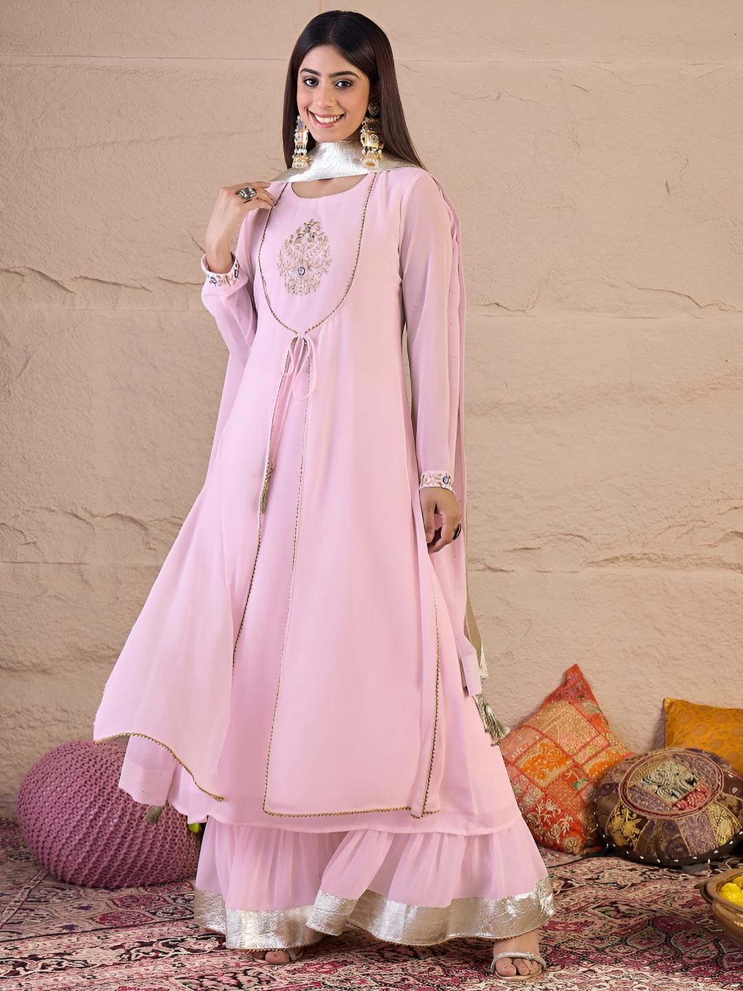 Dhiyona IN Floral Embroidered Thread Work Anarkali Kurta With Palazzos & Dupatta