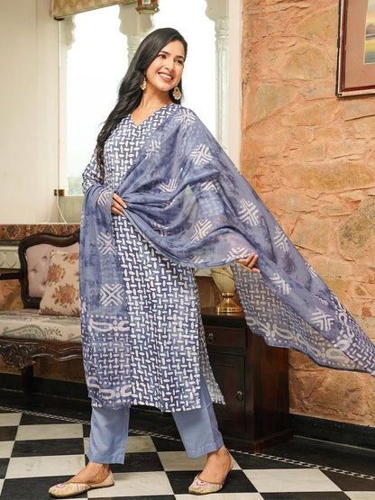 Dhiyona KL Ethnic Motifs Printed V-Neck Straight Kurta With Trousers & Dupatta