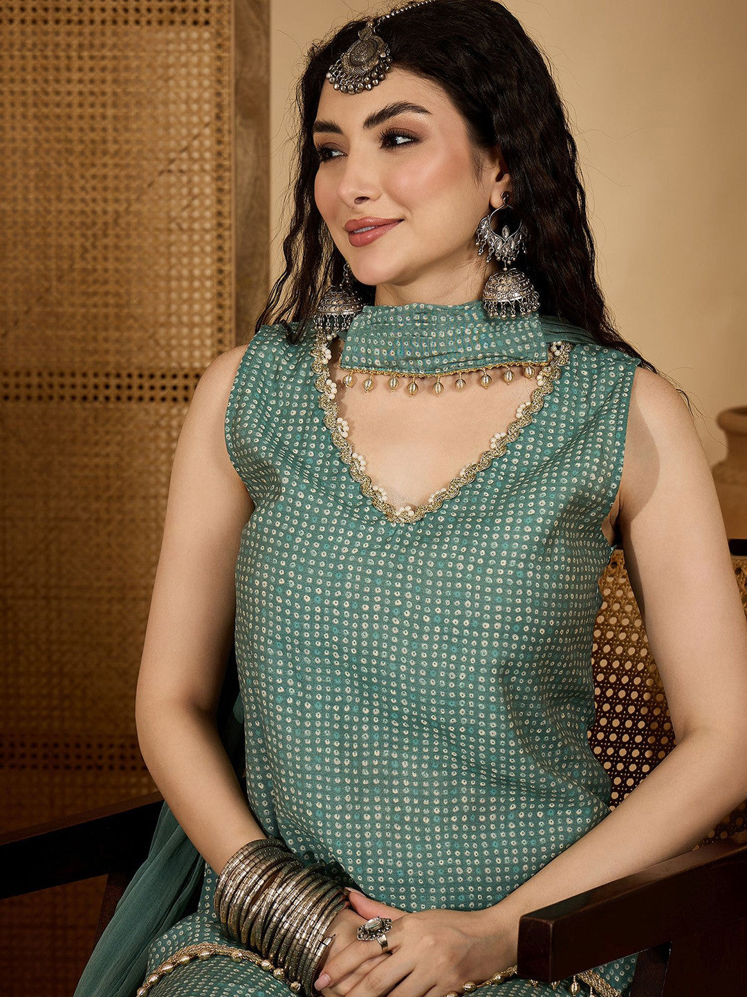Women BandheJ Printed Asymmetric Short Kurti With Sharara & Dupatta