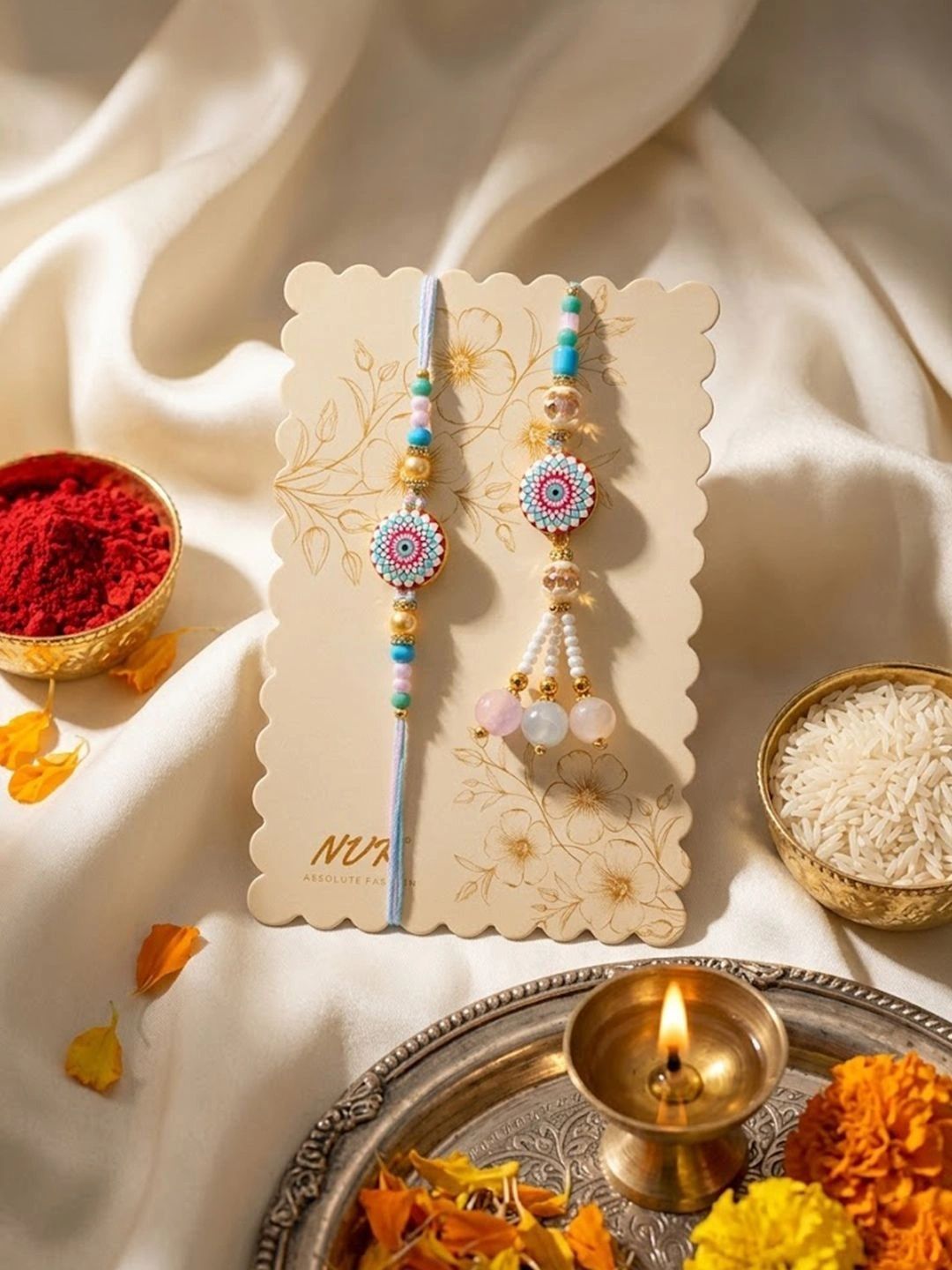 Dhiyona Set Of 2 Floral Design Bhaiya Bhabhi Rakhi With Roli Chawal Chandan Mishri