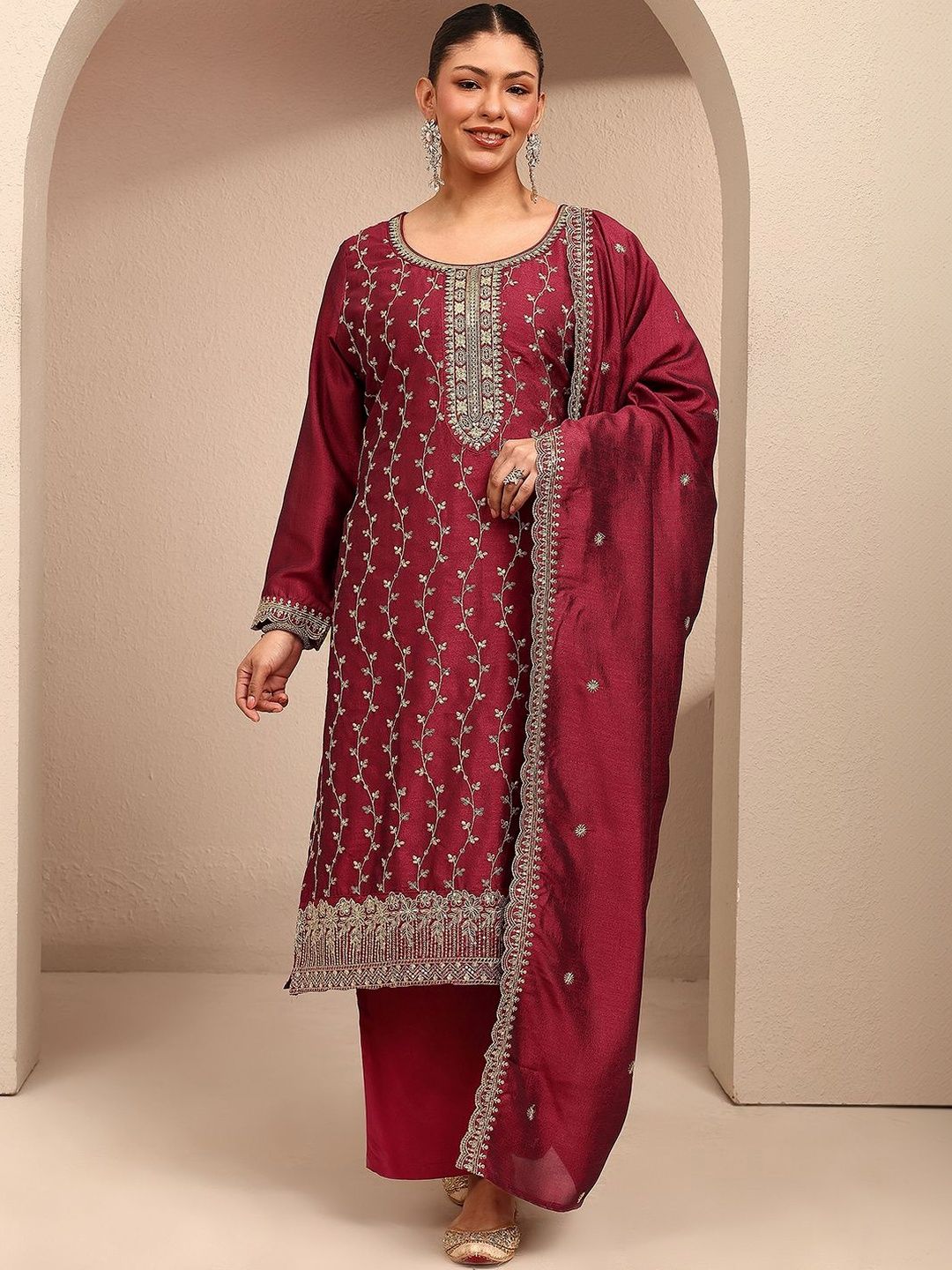 Dhiyona Women's Ethnic Motifs Embroidered Regular Thread Work Kurta with Palazzos & With Dupatta
