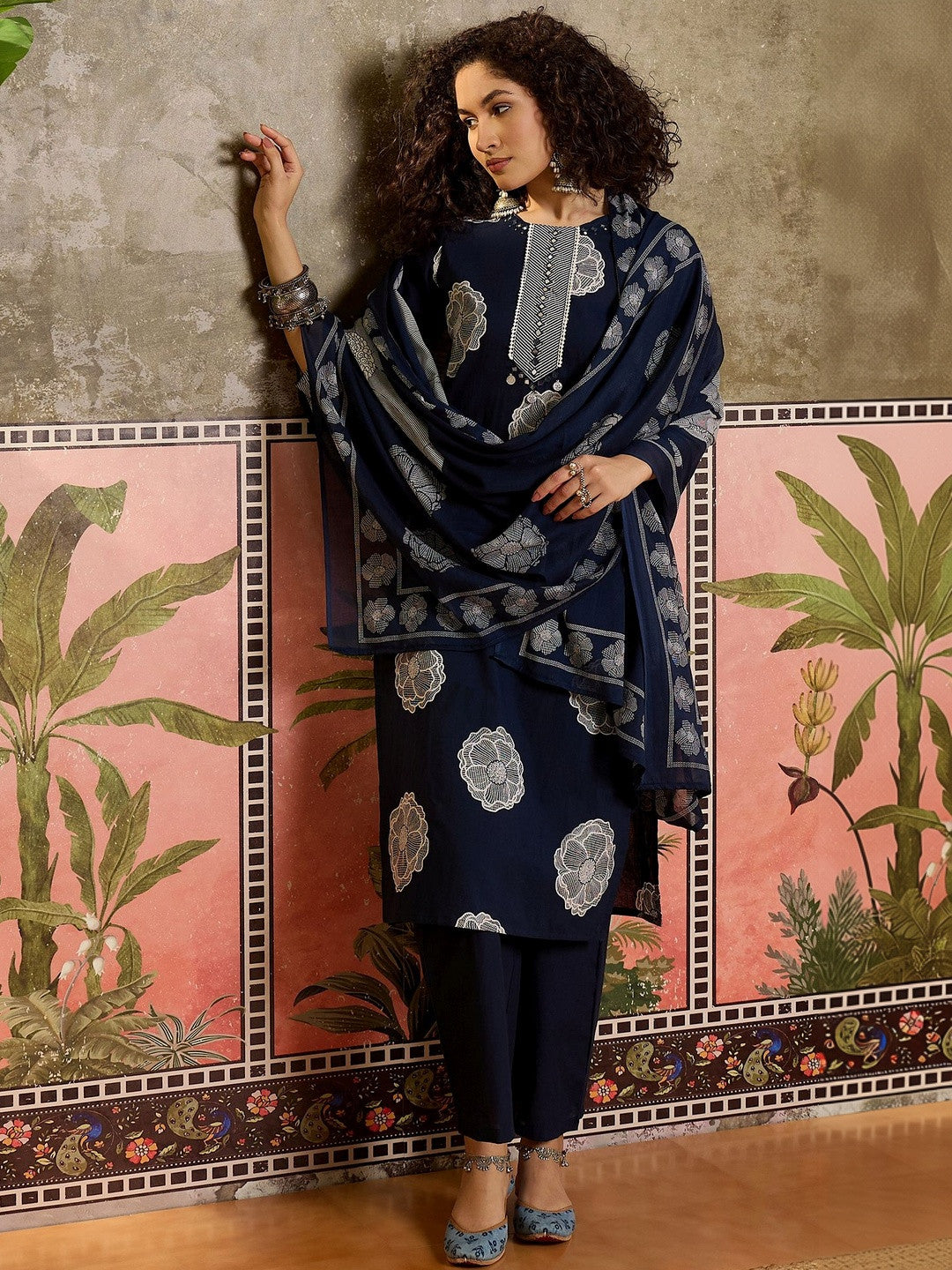 Floral Printed Cotton Round Neck Kurta & Trousers With Dupatta