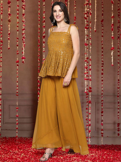 Dhiyona SN Floral Embroidered Shoulder Straps Sequinned Georgette Top & Palazzo With Dupatta
