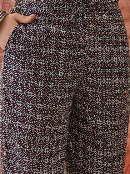 Printed Pure Cotton Mandarin Collar Kurta & Trousers Kurta Set