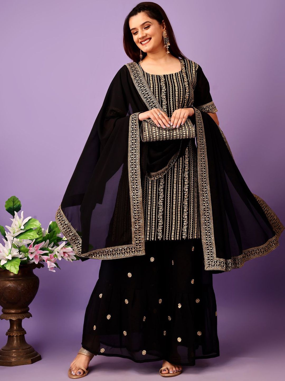 Dhiyona KL Floral Embroidered Regular Kurta With Sharara & Dupatta