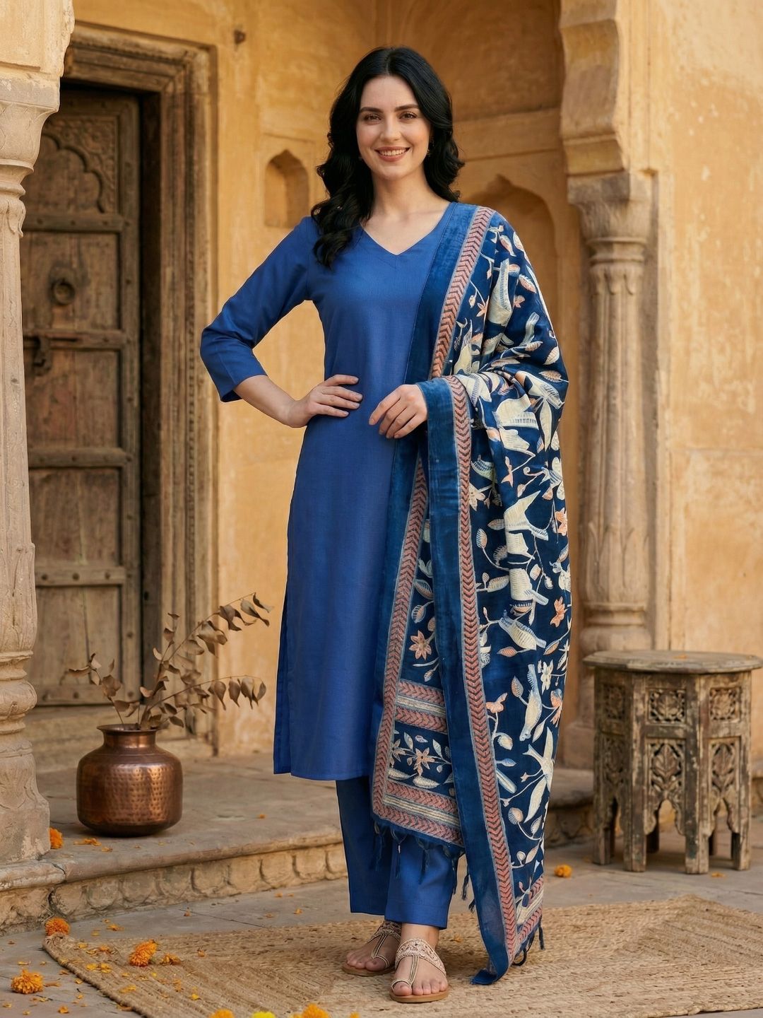 Blue Women Regular Kurta with Trousers & With Dupatta