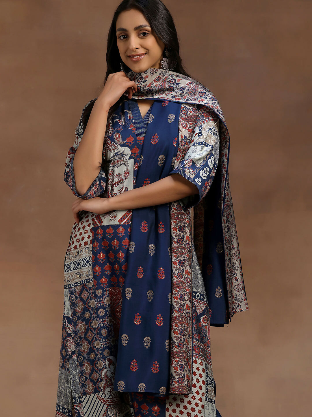 Women's LB Blue Printed Silk Blend Straight Suit With Dupatta