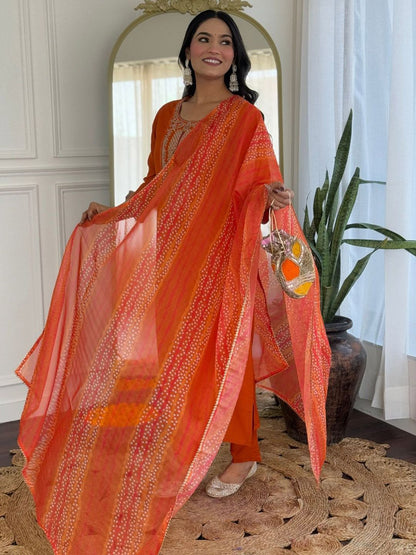 Dhiyona KL Women Ethnic Motifs Embroidered Regular Thread Work Kurta with Trousers & With Dupatta