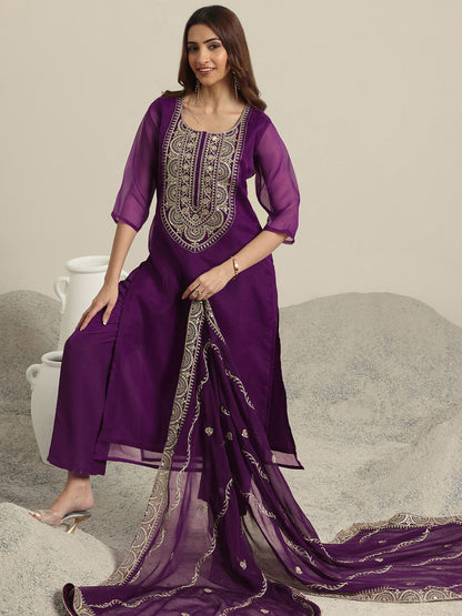 Floral Yoke Design Round Neck Zari Organza Straight Kurta & Trousers With Dupatta