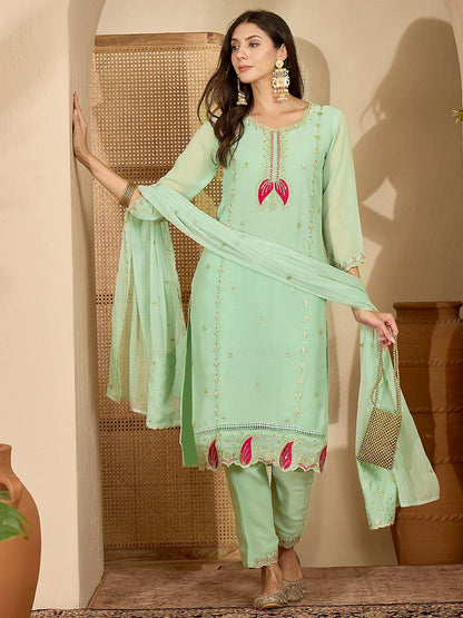 Embroidered V-Neck Kurta & Trousers With Dupatta