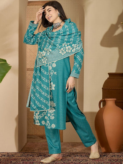 Women Winter Floral Woven Design Straight Kurta With Trousers & Dupatta