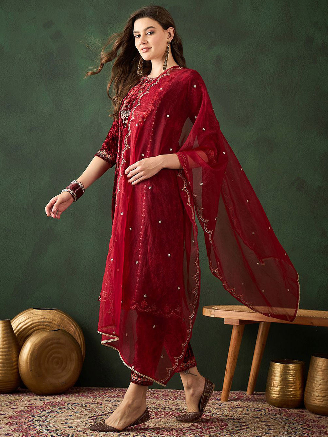 Embroidered A-Line Kurta & Trousers With Dupatta