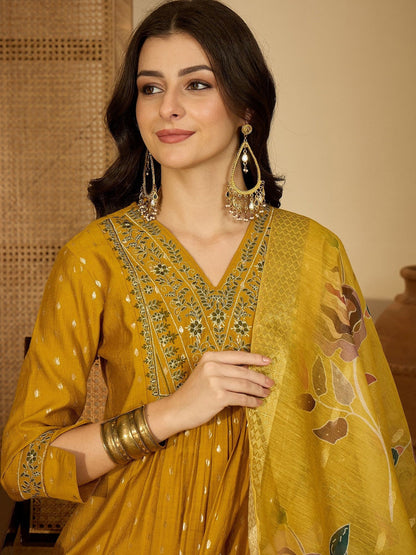Women Ethnic Motifs Printed V-Neck Thread Work Kurta with Trousers & Dupatta