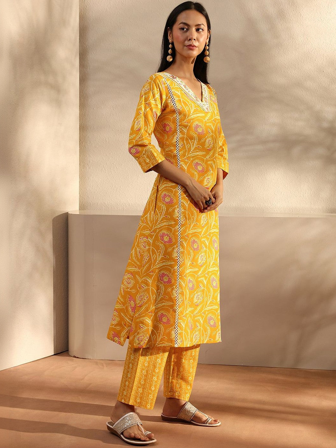 Libas Yellow Floral Printed Cotton A-Line Suit Set With Dupatta
