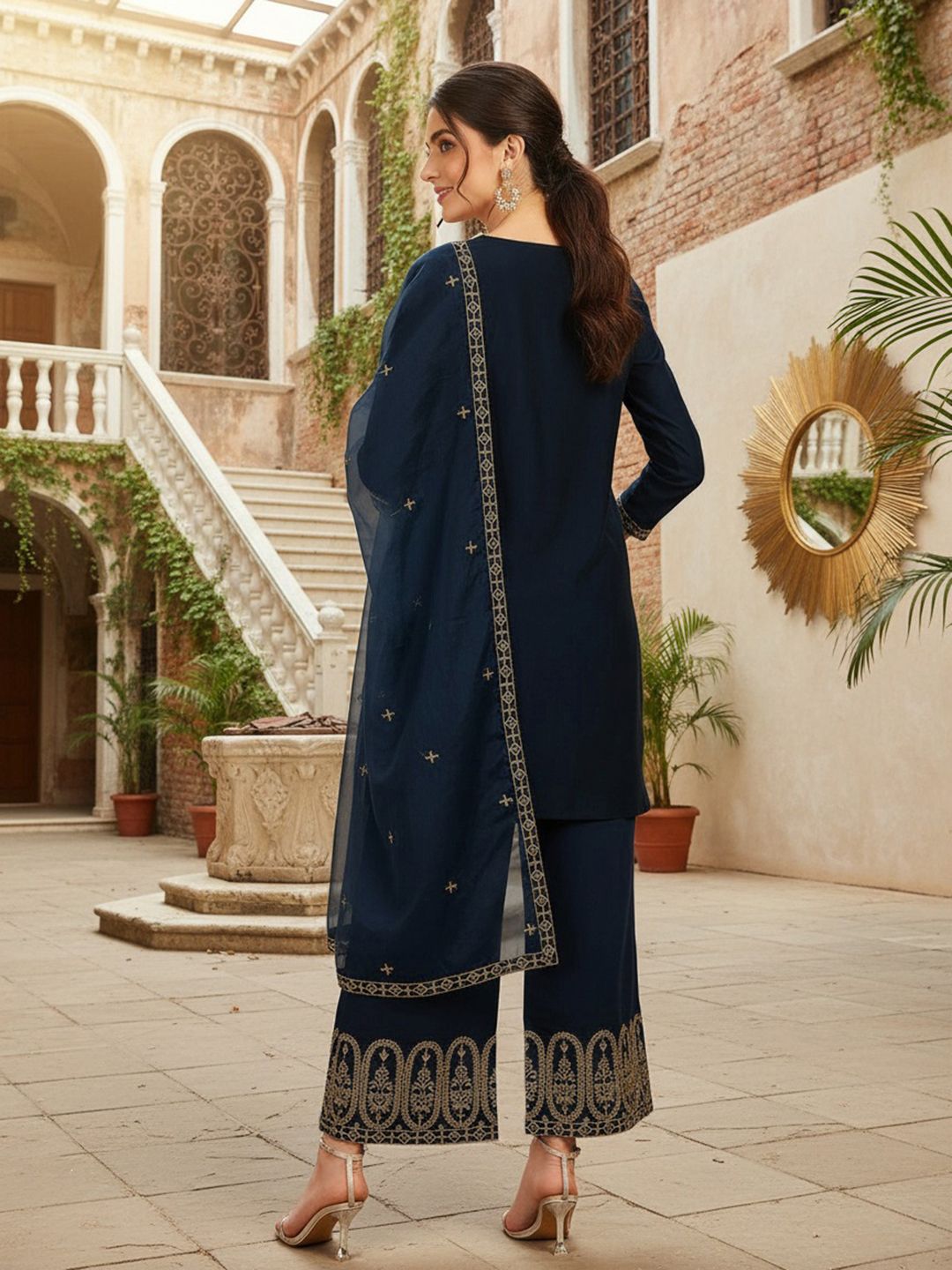 Dhiyona KL Floral Embroidered Straight Kurta with Palazzos & Dupatta