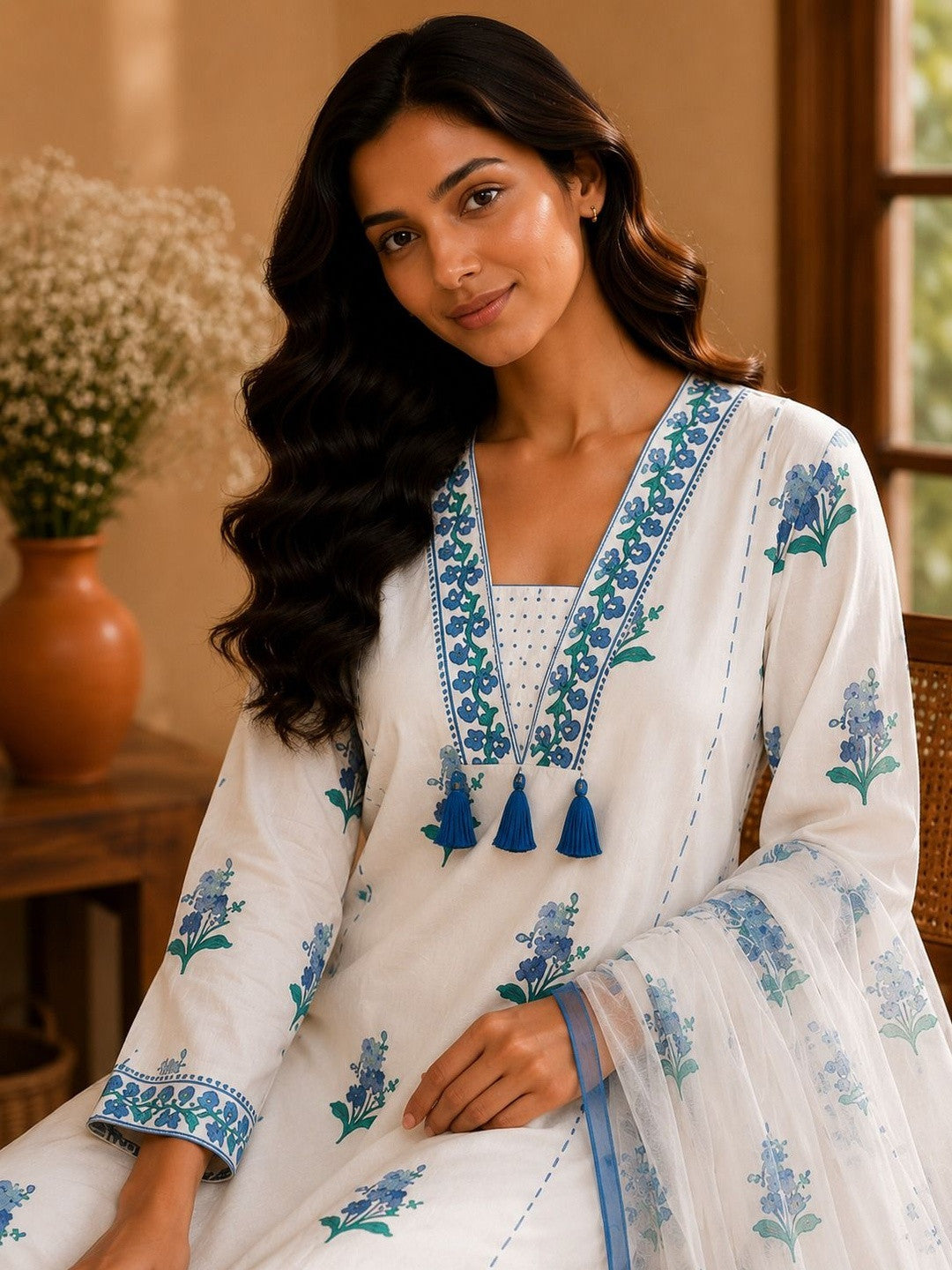Women Floral Printed Regular Pure Cotton Kurta with Trousers & With Dupatta