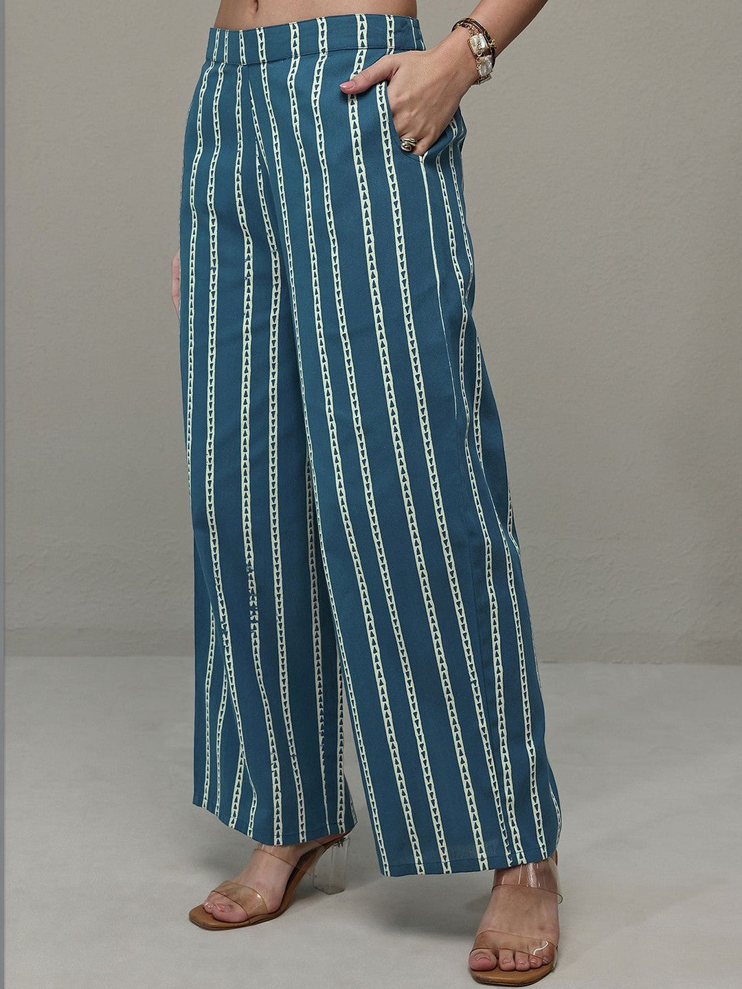 Blue Polka Dot Printed Cotton A-Line Kurta Set