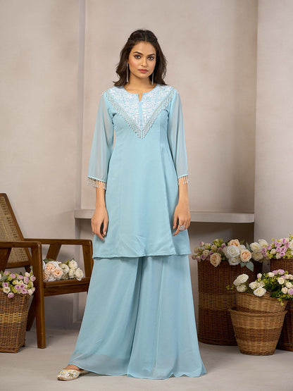 Dhiyona CH Floral Embroidered Round Neck Beads And Stones A-Line Kurta With Palazzos