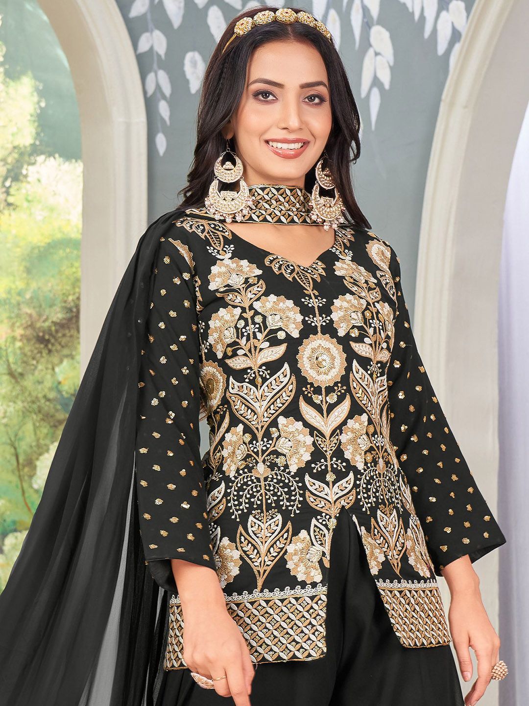 Dhiyona KL Alina Cut Floral Embroidered Sequinned Georgette Straight Kurta With Palazzos & Dupatta