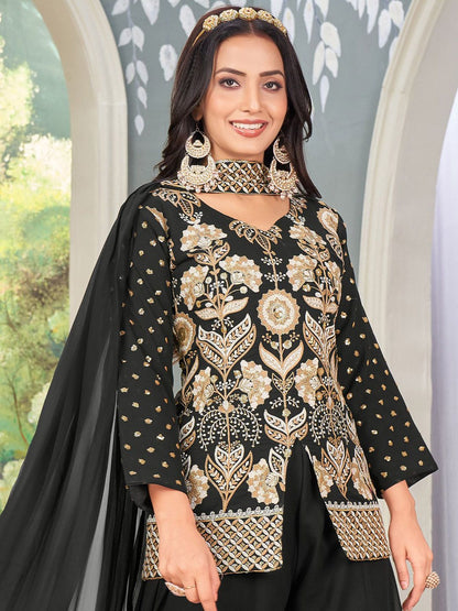Dhiyona KL Alina Cut Floral Embroidered Sequinned Georgette Straight Kurta With Palazzos & Dupatta
