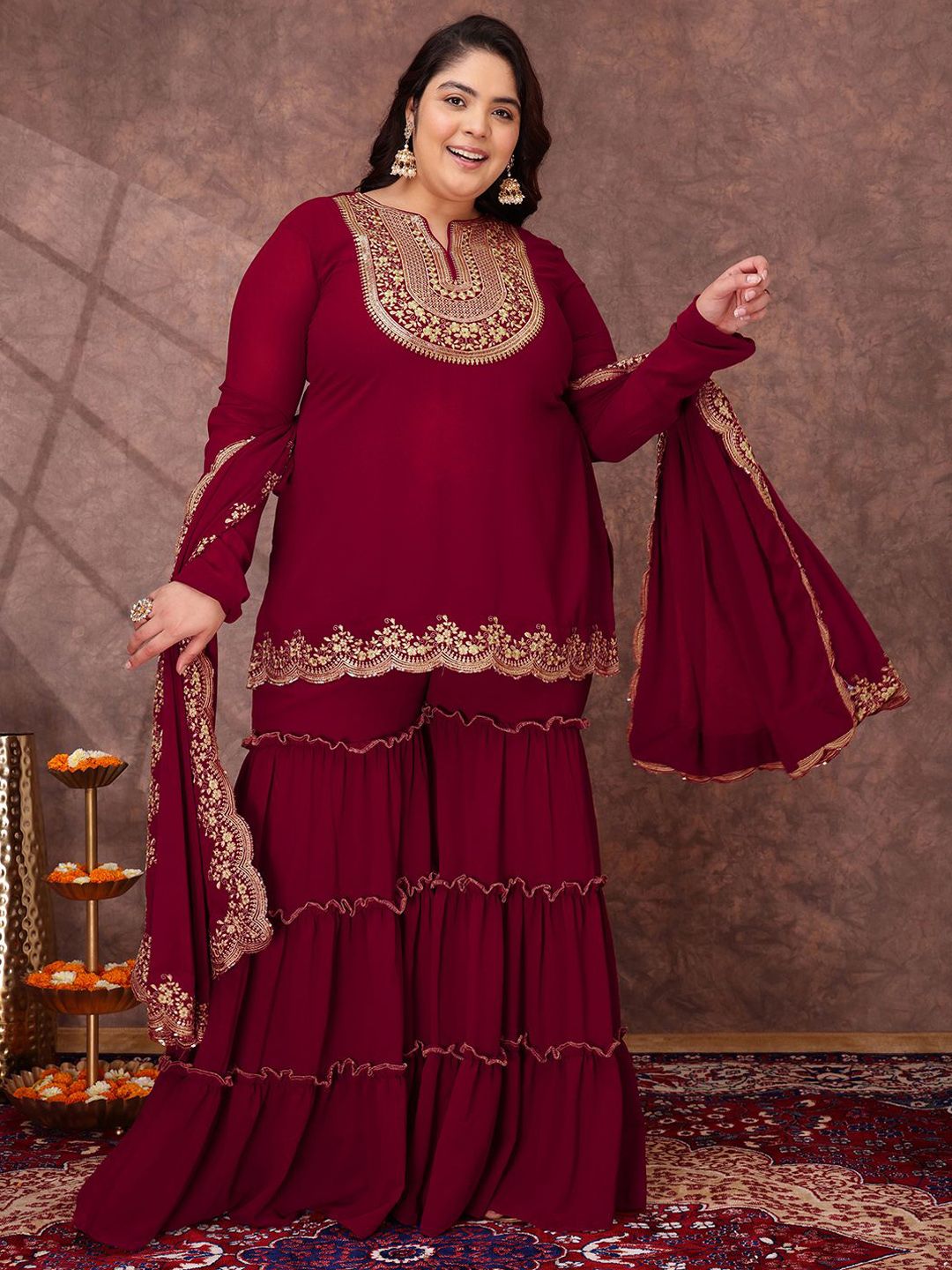 Dhiyona IN Floral Yoke Design Thread Work Georgette Straight Kurta With Sharara & Dupatta
