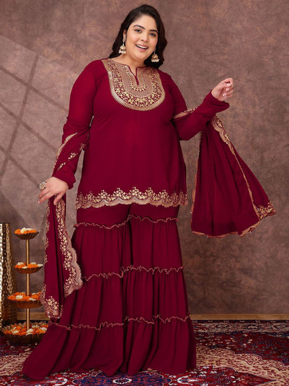 Dhiyona IN Floral Yoke Design Thread Work Georgette Straight Kurta With Sharara & Dupatta