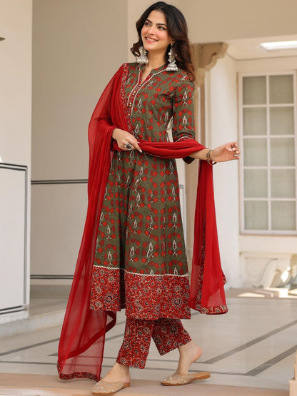 Dhiyona RR Women's Ethnic Motifs Printed Regular Pure Cotton Kurta with Trousers & With Dupatta