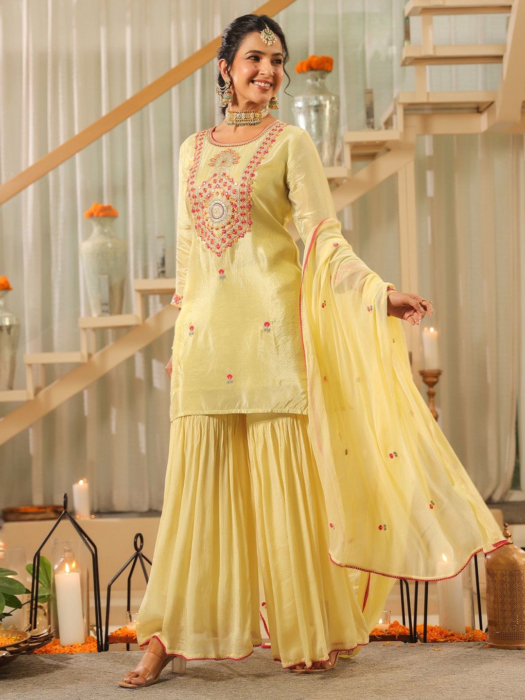 Dhiyona SC Women Ethnic Motifs Embroidered Kurta with Sharara & Dupatta
