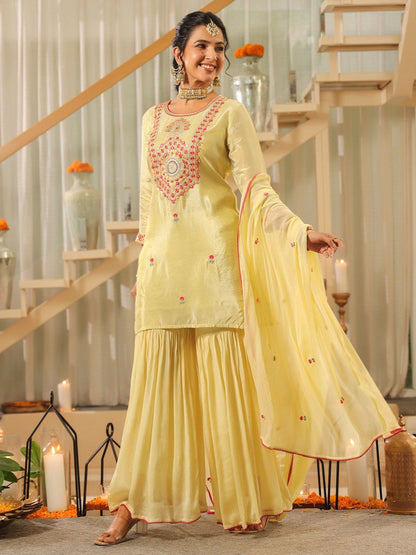 Dhiyona SC Women Ethnic Motifs Embroidered Kurta with Sharara & Dupatta