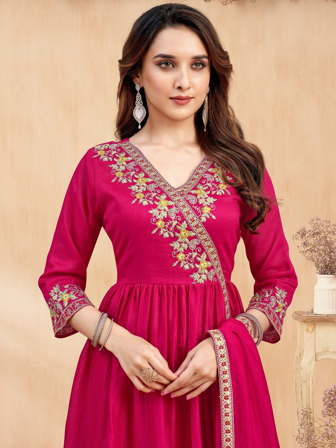 Embroidered V-Neck Kurta & Palazzos With Dupatta