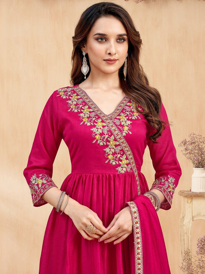 Embroidered V-Neck Kurta & Palazzos With Dupatta