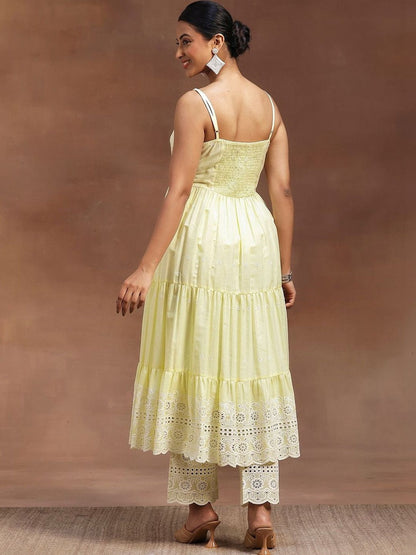 Women Ethnic Motifs Embroidered Tiered Chikankari Kurta with Trousers