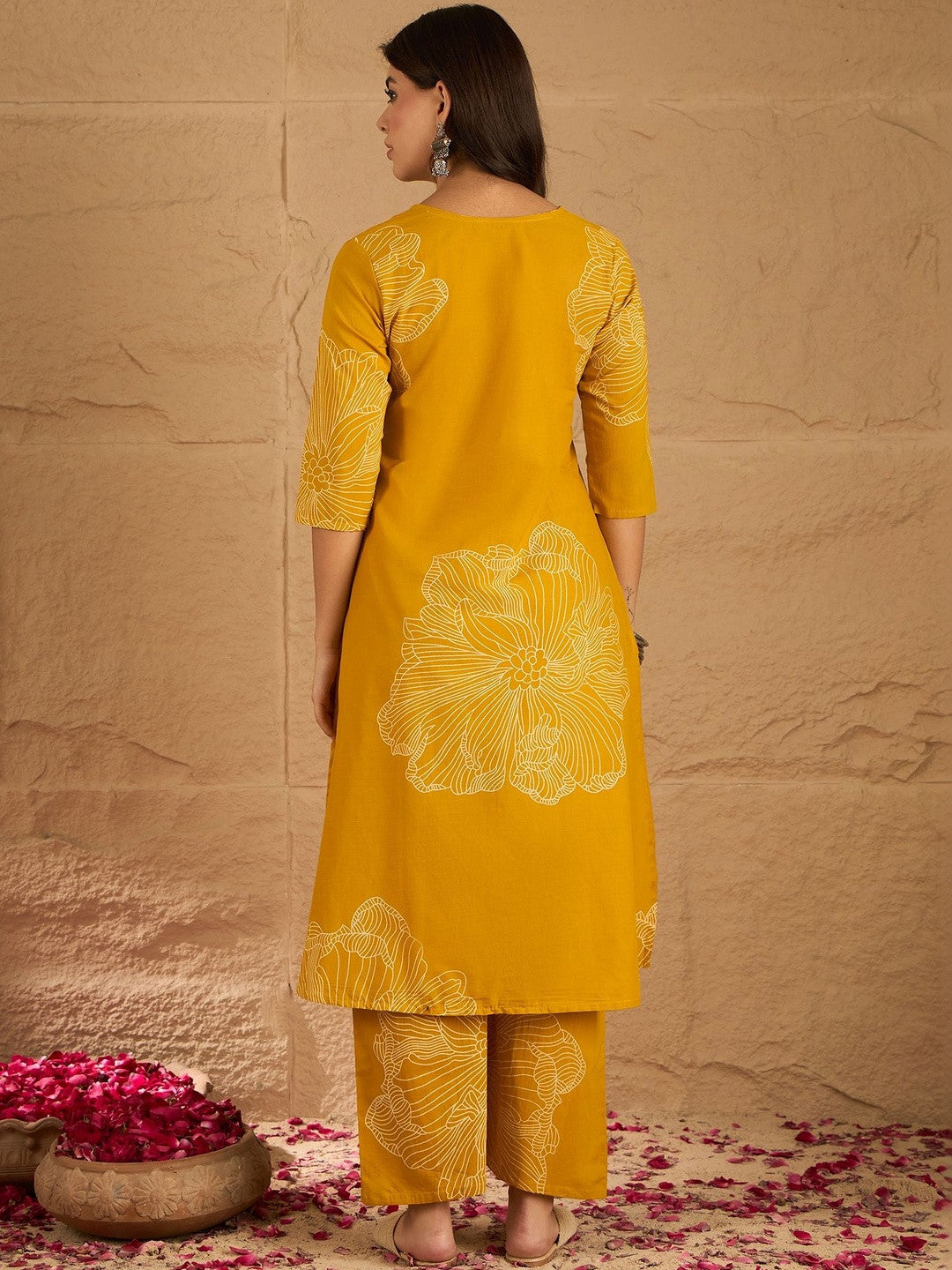 Floral Printed with Embroidered V-Neck Kurta & Trousers