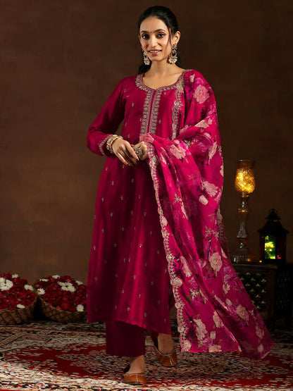 Women's LB Red Embroidered Silk Blend Straight Suit With Dupatta