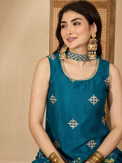 Dhiyona SN Embroidered Round Neck Straight Kurta & Palazzos With Dupatta