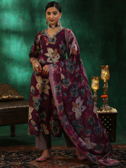 Women's LB Burgundy Printed Silk Blend Straight Suit With Dupatta