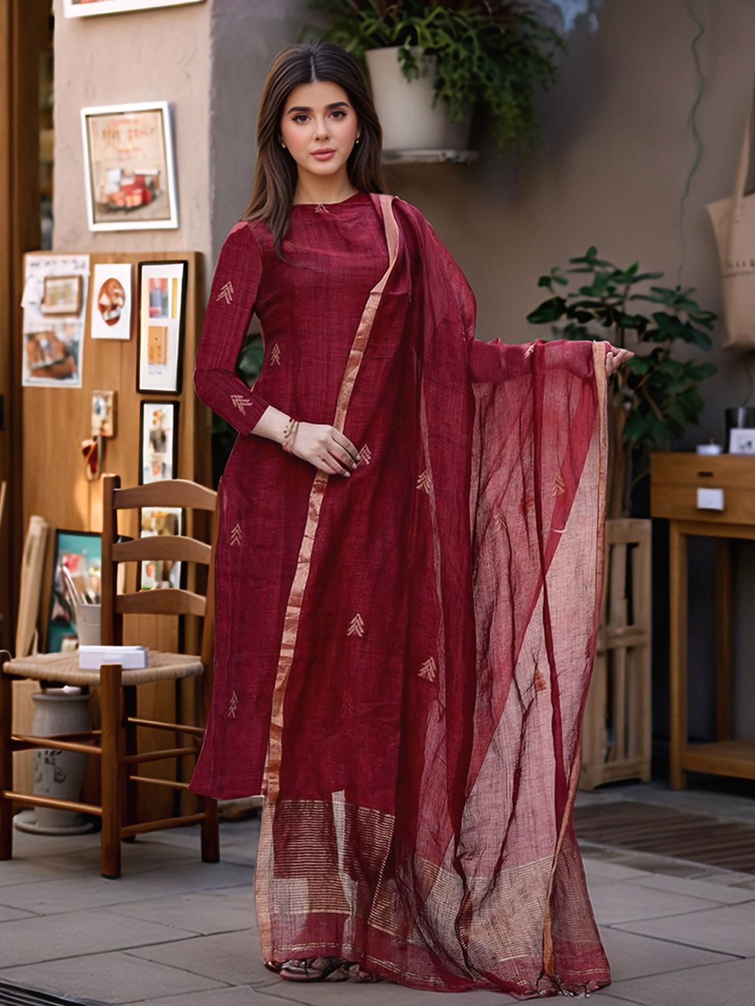 Dhiyona KL Women Maroon Rayon Blend Printed Straight Kurta Set With Dupatta
