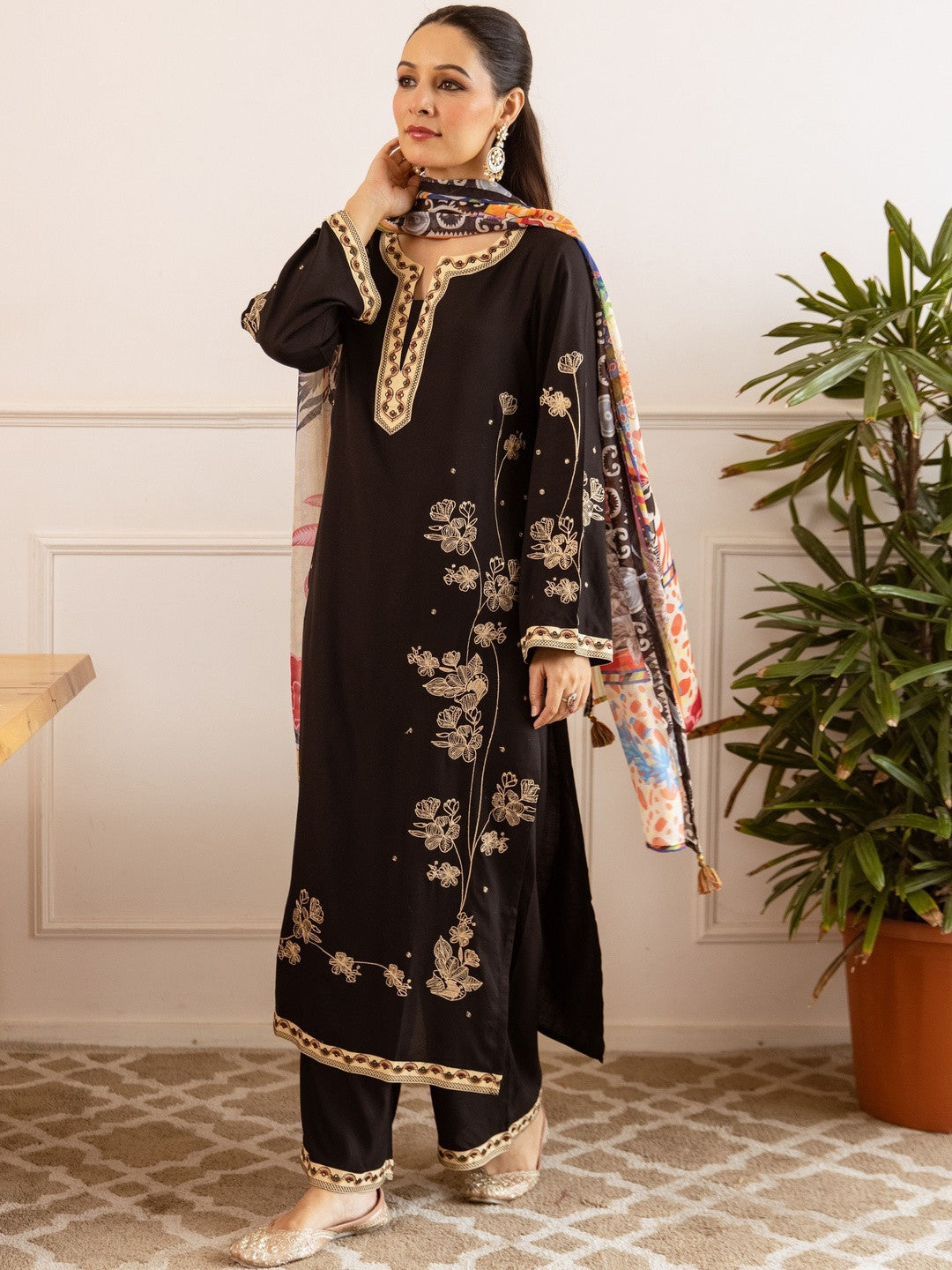 Embroidered Straight Kurta With Palazzos & Dupatta