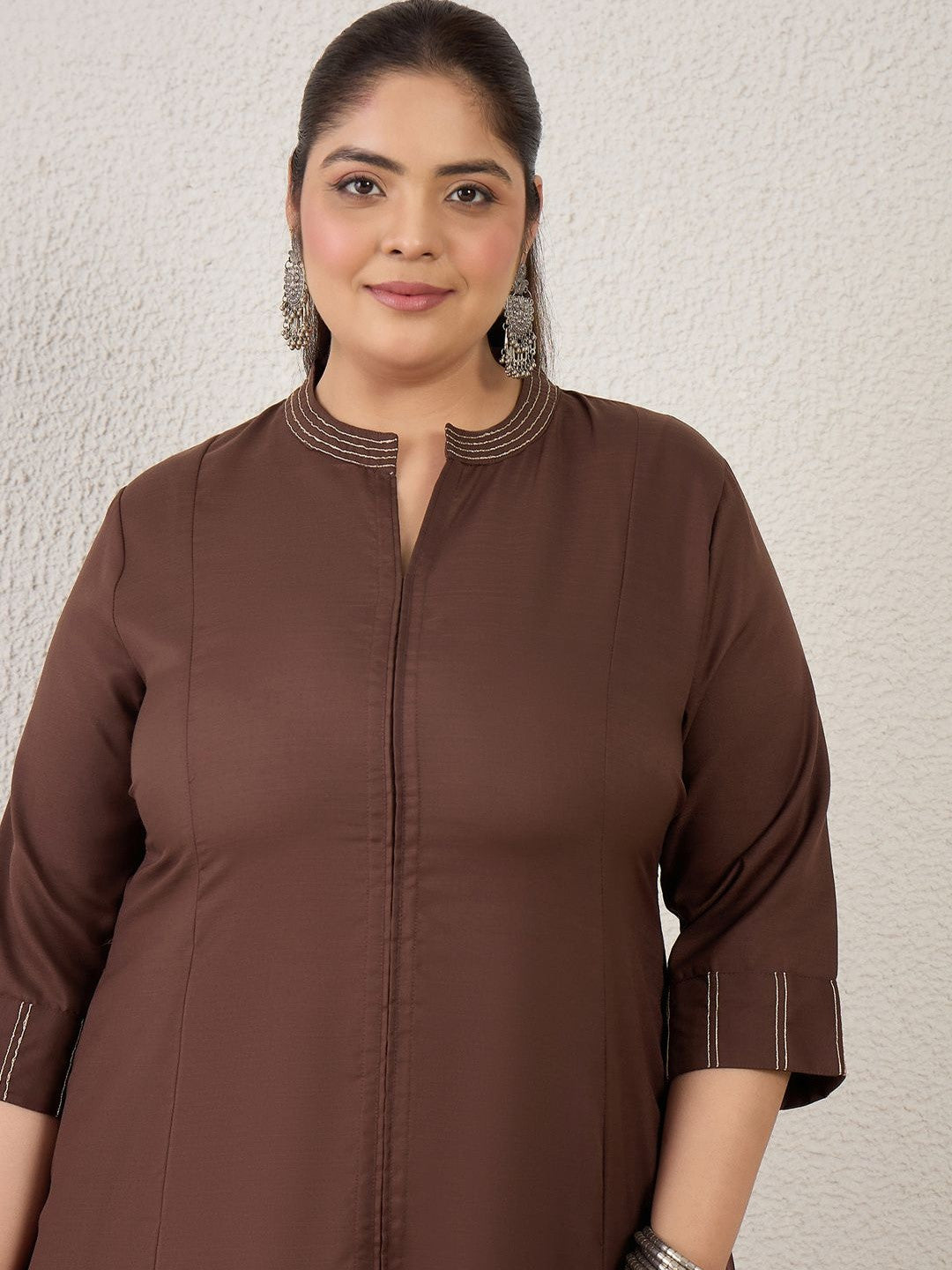 Plus Size Brown Self Design A-Line Kurta Trousers Set