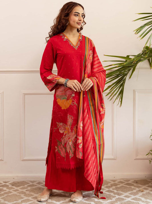 Dhiyona KL Women Floral Printed Regular Thread Work Kurta with Palazzos & Dupatta