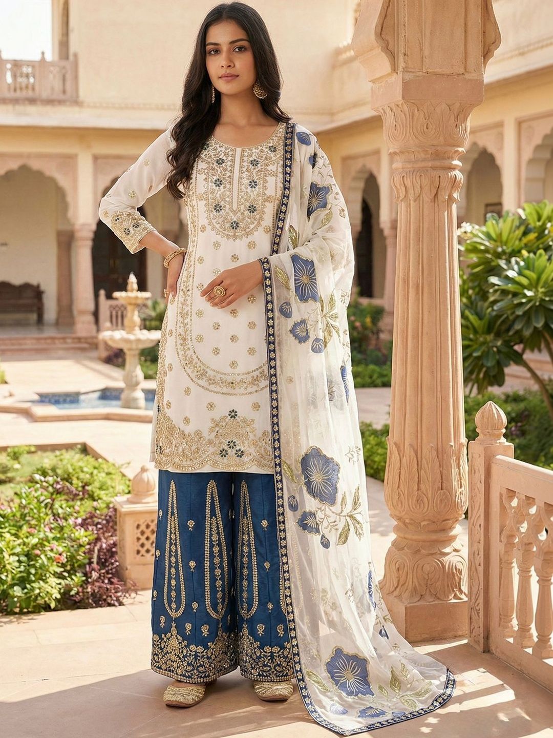 Dhiyona KL Women Ethnic Motifs Embroidered Regular Sequinned Kurta with Sharara & With Dupatta